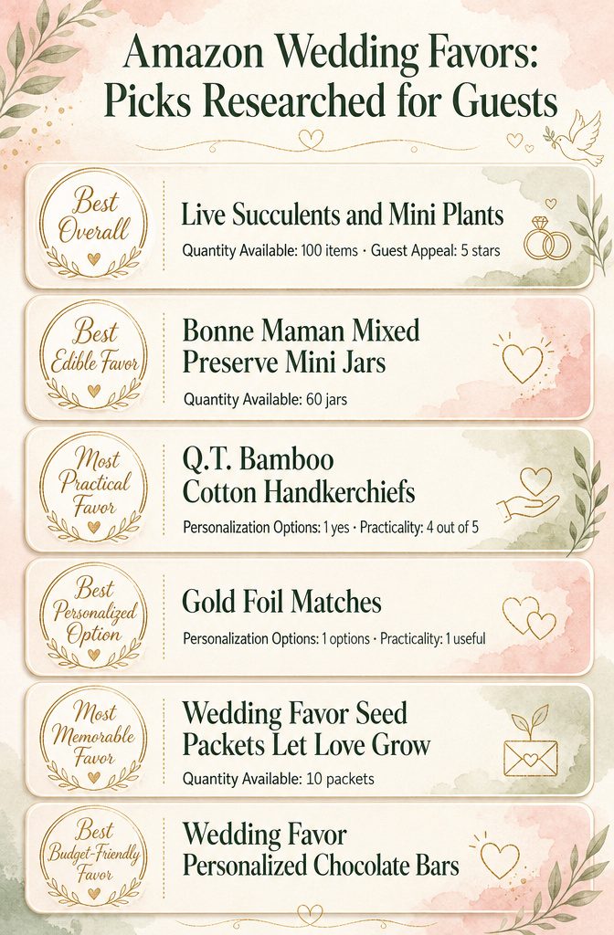 A comparison infographic detailing different Amazon wedding favors and their quantities.