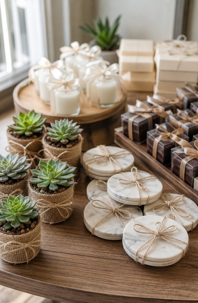 A polished wooden table with wedding favors displayed on it.