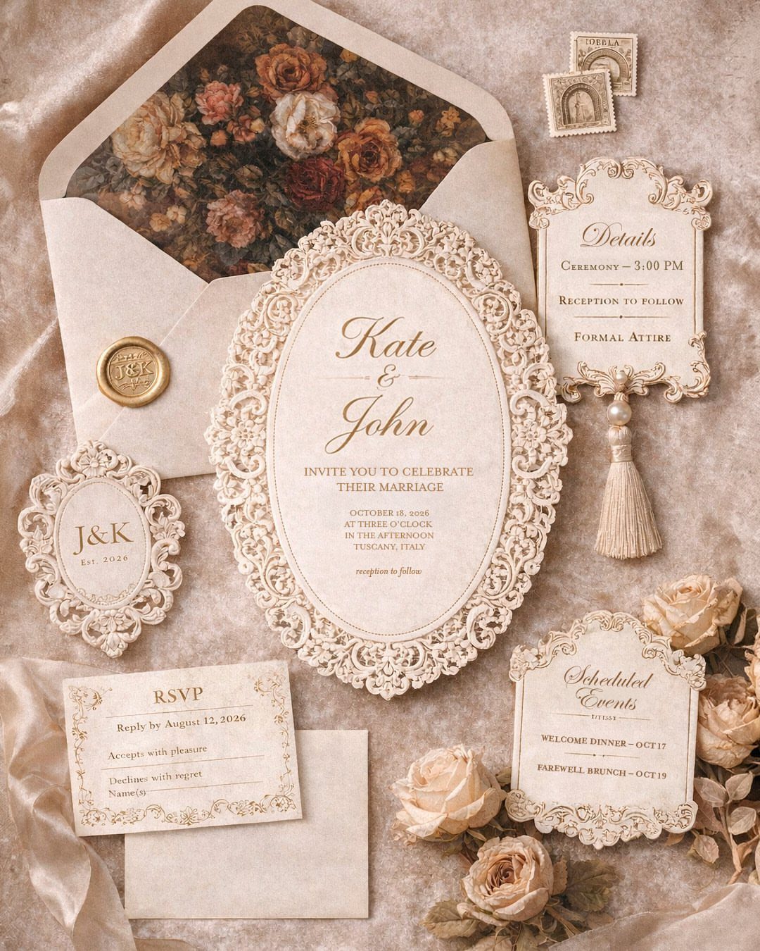 Ornate cream wedding invitation suite with floral envelope liner and dried roses.