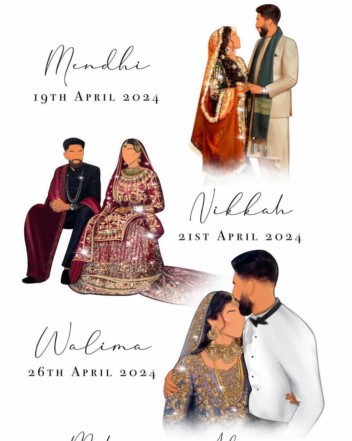 Wedding invitation with custom digital illustrations of a couple in traditional South Asian clothing.