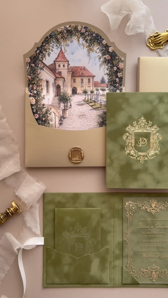 Wedding invitation set with watercolor building illustration and green gold-crested stationery.