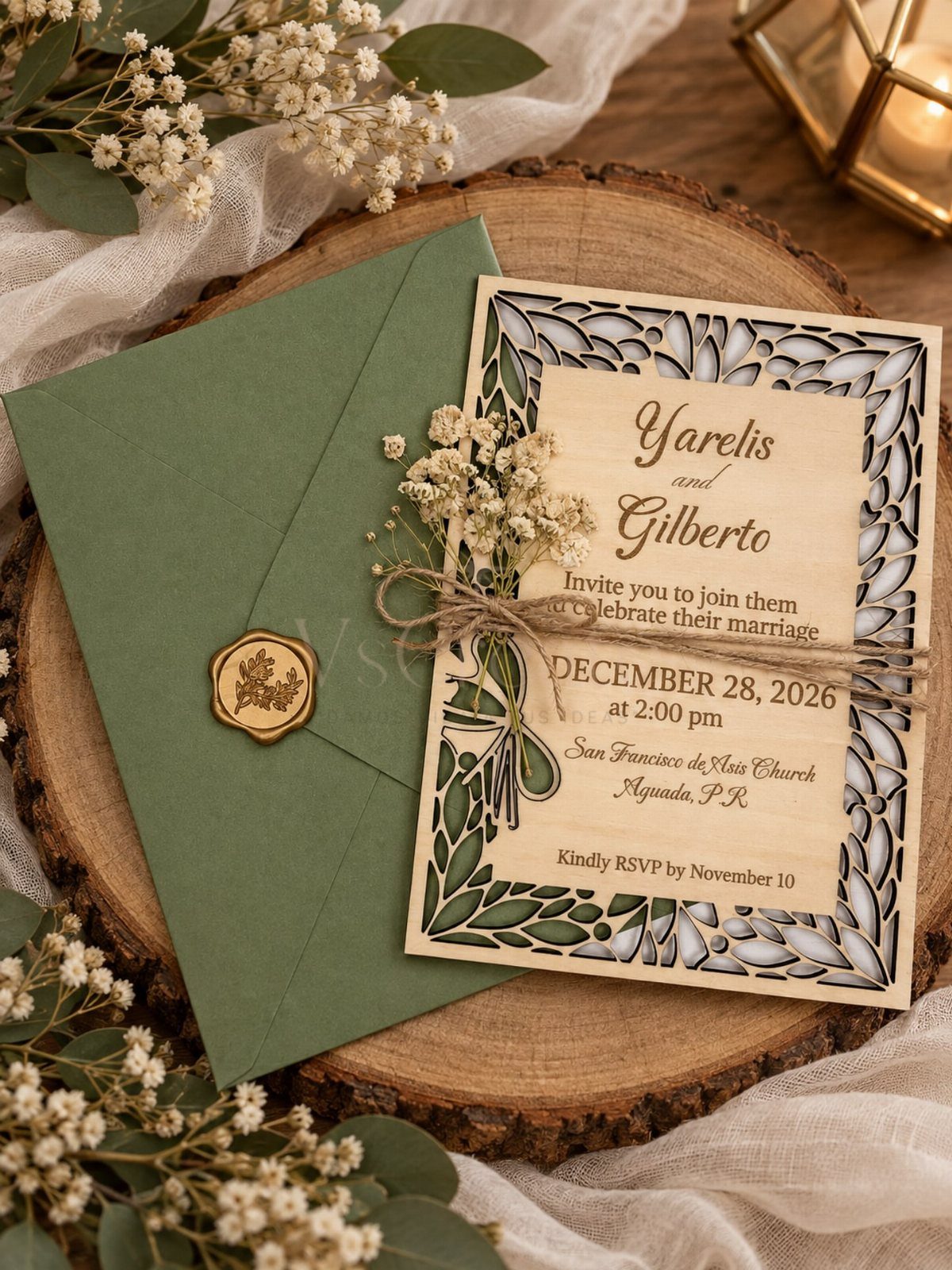 Wooden wedding invitation with laser-cut details and twine on a rustic wood slice.