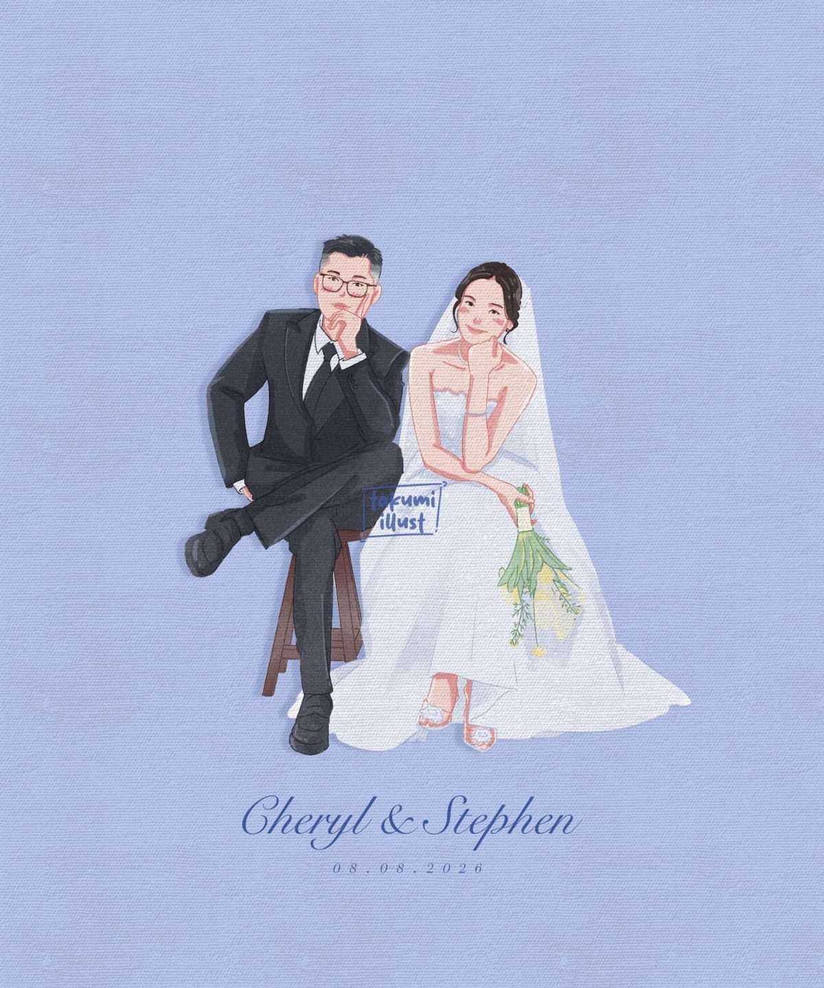 Illustrated bride and groom on a blue background with personalized wedding names.