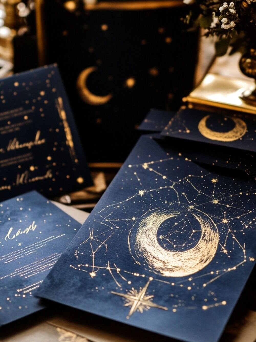 Navy blue wedding invitations with gold foil crescent moon and constellation designs.