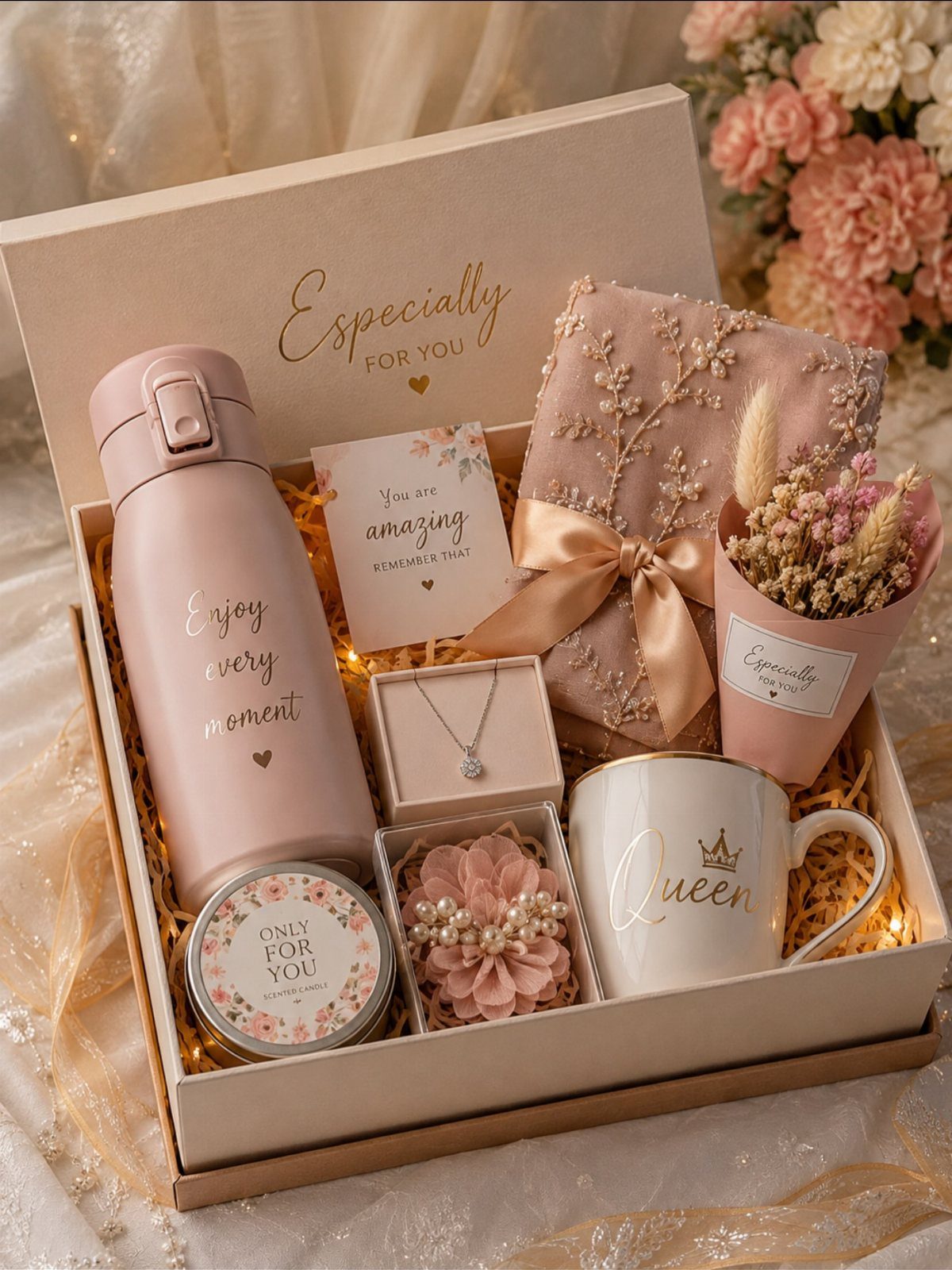 Pink gift box filled with a mug, water bottle, jewelry, and flowers.