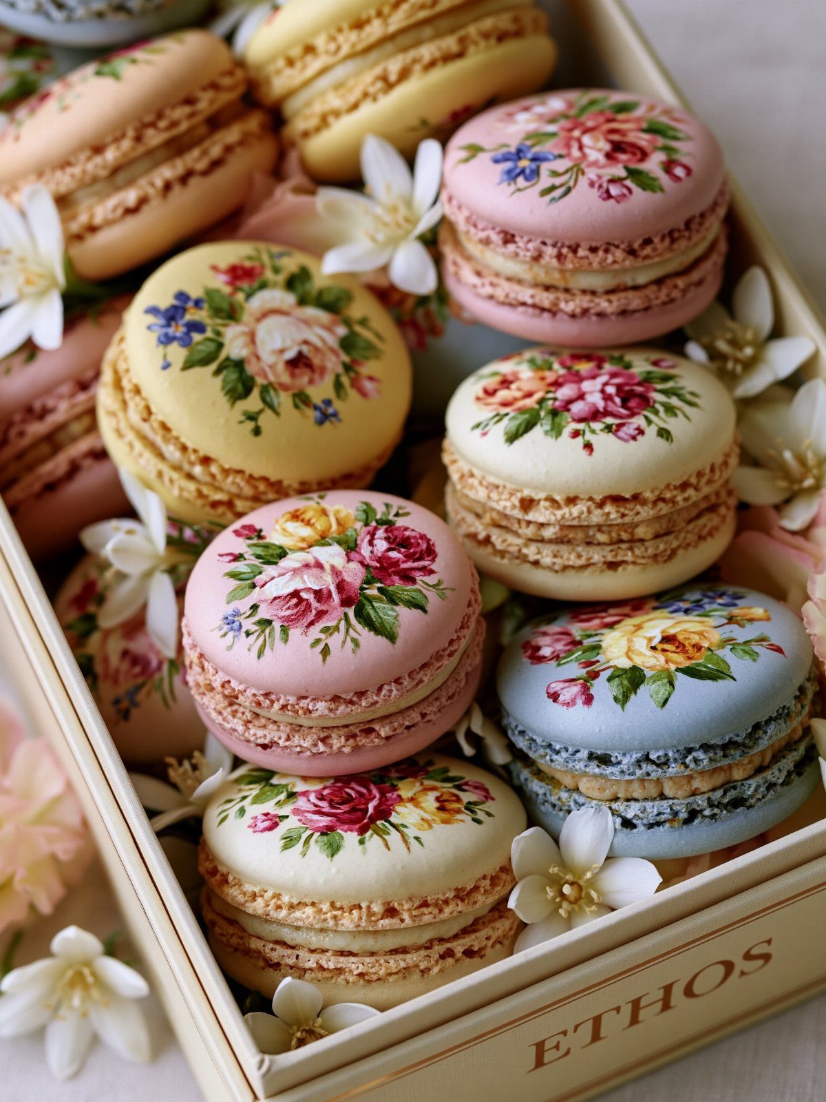 Floral painted macarons in pink, yellow, and blue arranged in a white box.