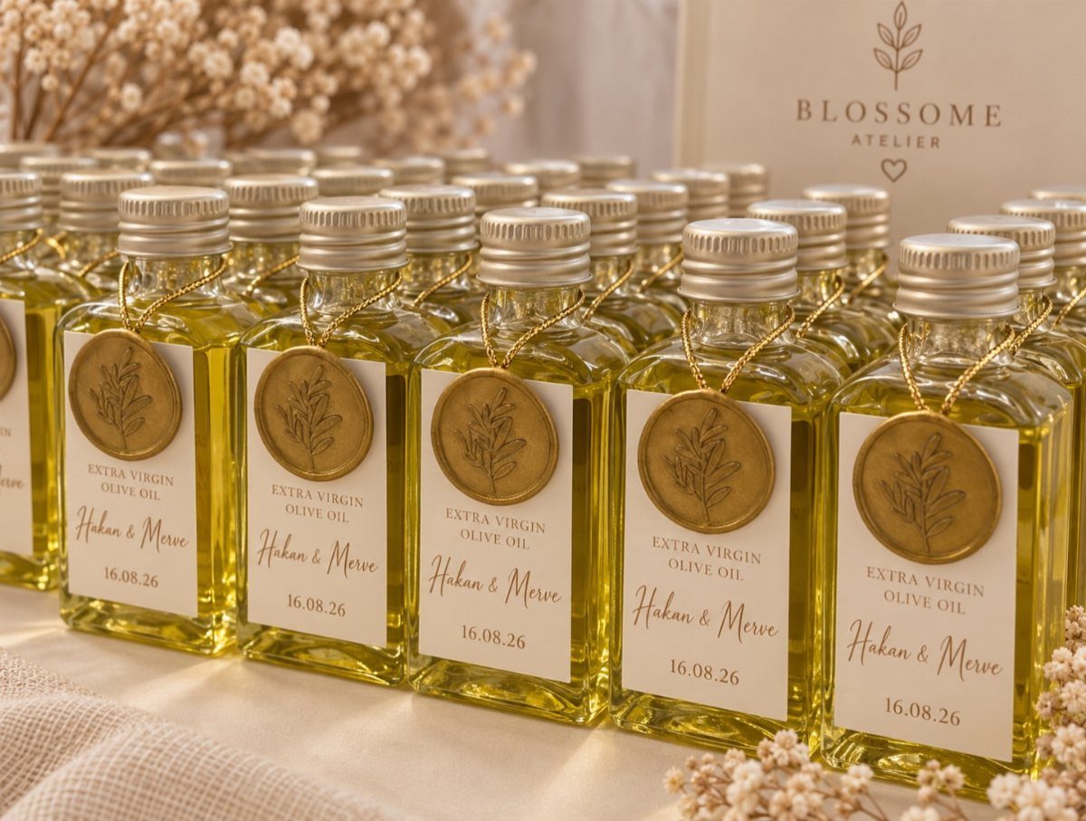 Small square bottles of extra virgin olive oil with personalized wedding labels and seals.