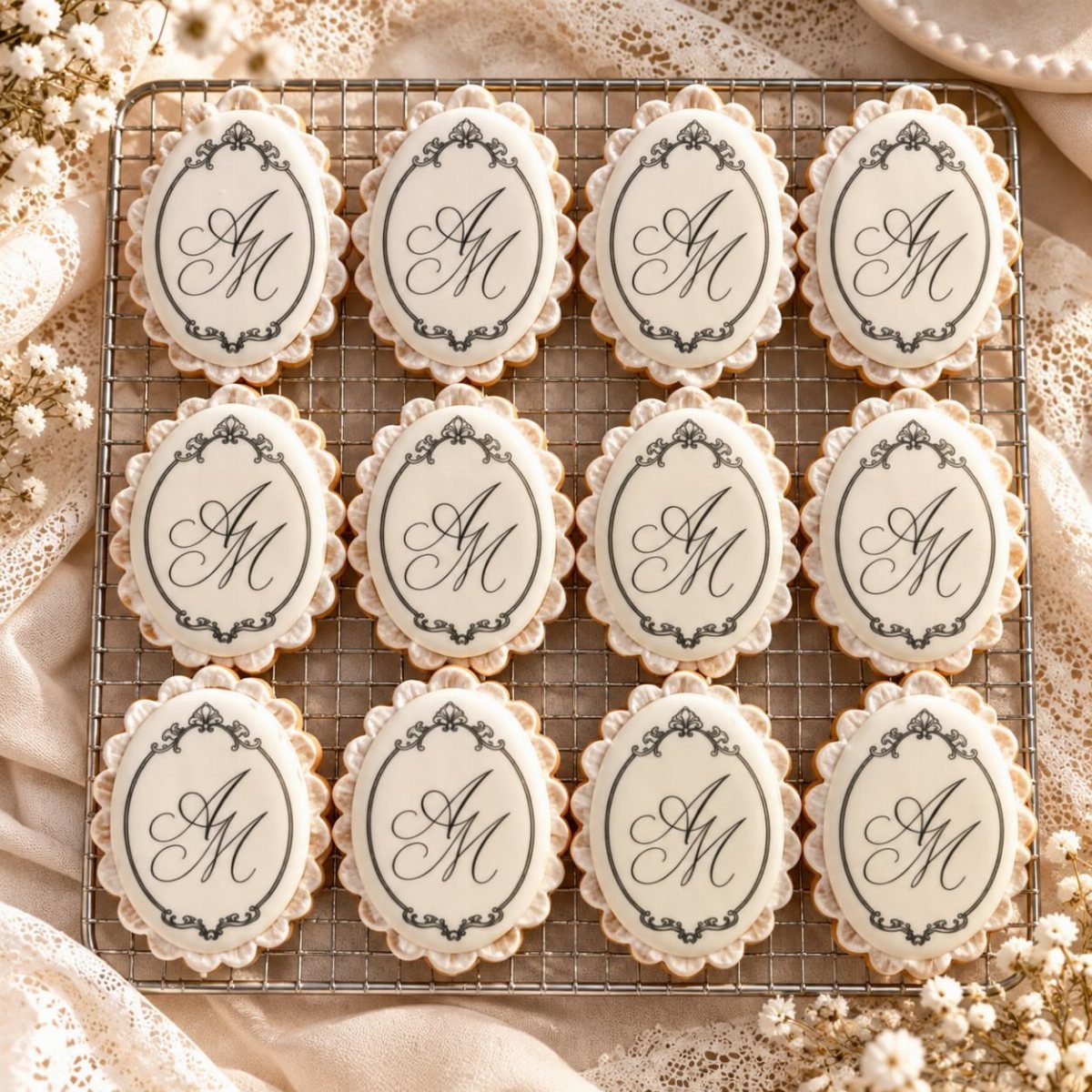 Oval monogrammed sugar cookies with white icing on a metal cooling rack.