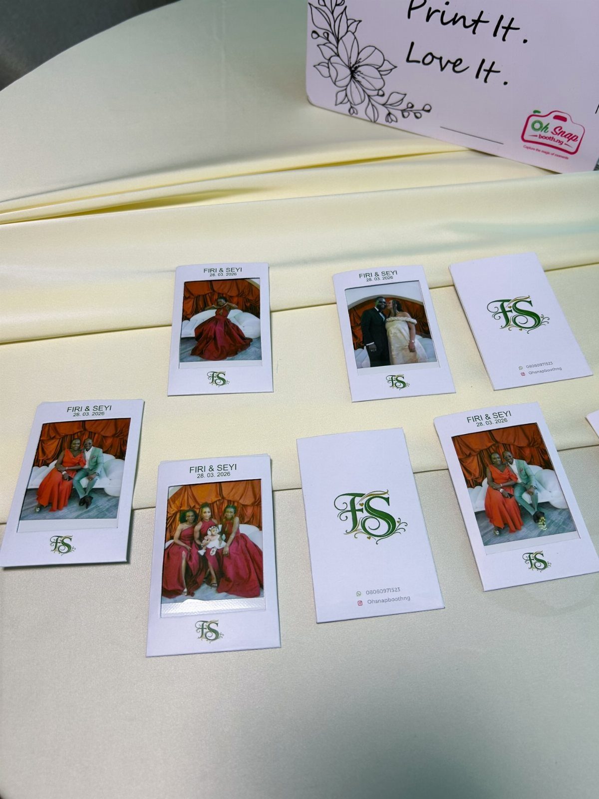 Instant wedding photographs and matching cards featuring a couple in formal attire.