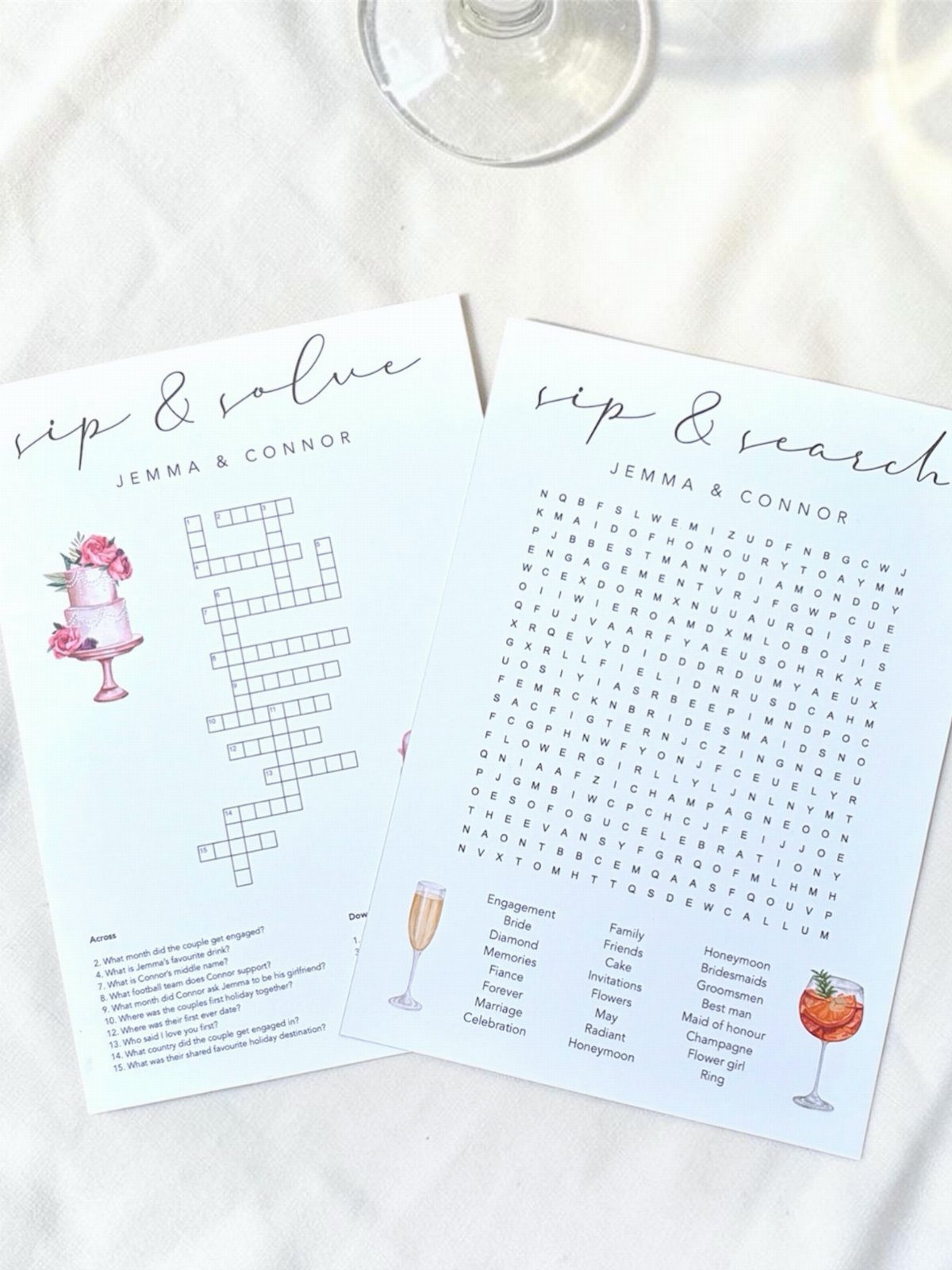 Wedding crossword and word search puzzle cards with floral and drink illustrations.