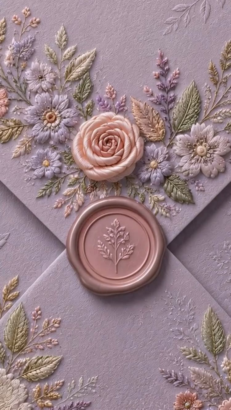 Purple textured envelope with 3D embossed flowers and a pink wax seal