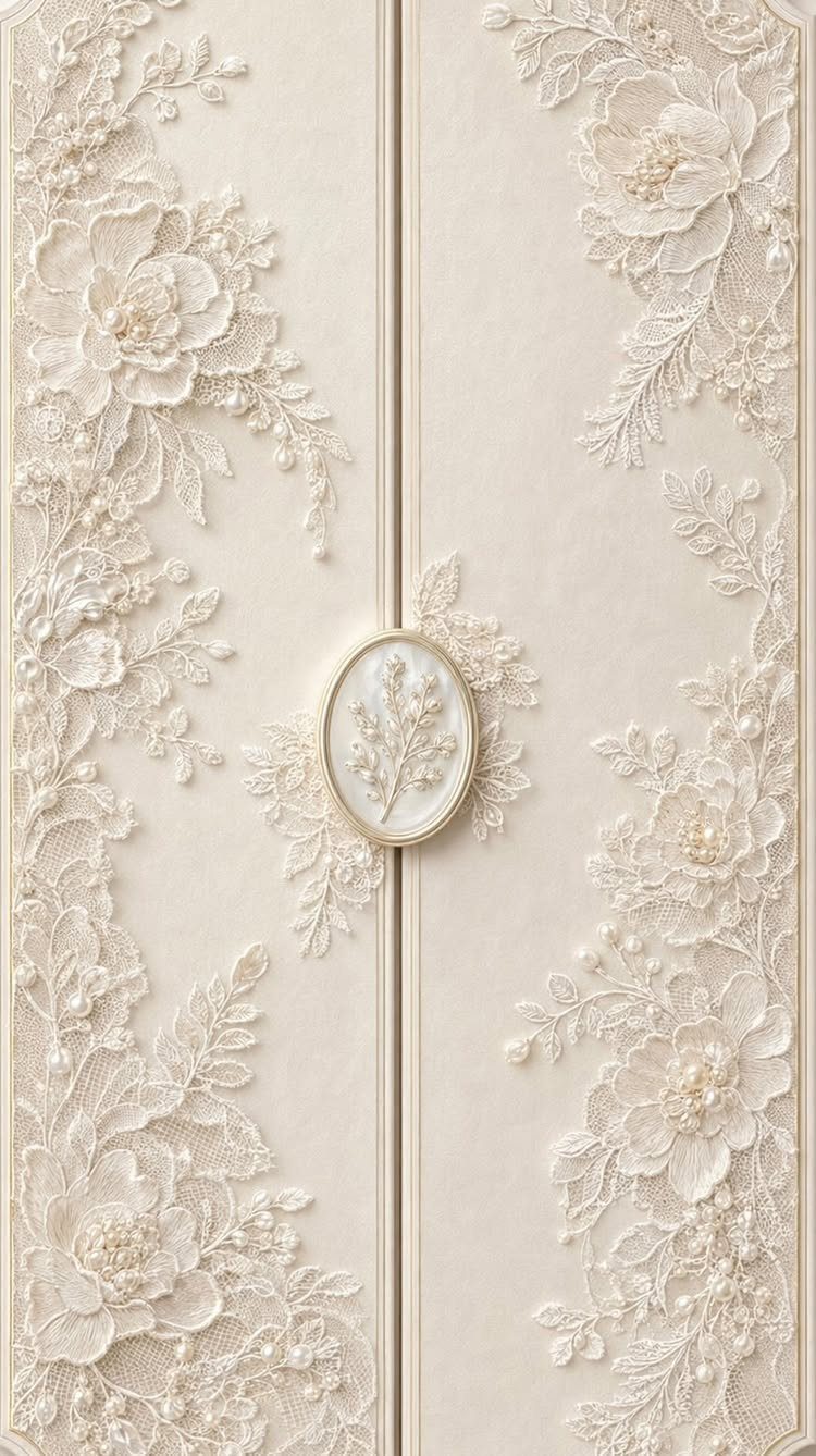 Cream folding invitation card with white lace floral appliqués and an oval wax seal.