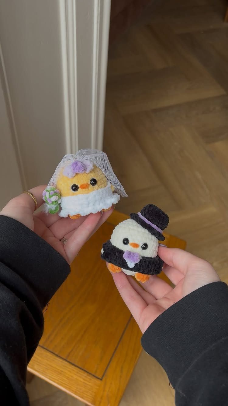 Two small crochet ducks dressed as a bride and groom held in hands.