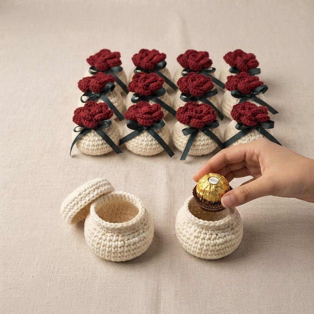 Cream crochet favor bags with red roses and ribbons holding gold chocolates.