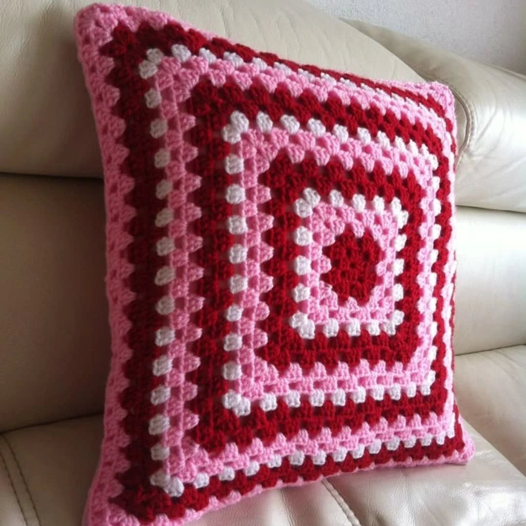 Crochet pillow with pink, red, and white concentric squares and a center heart.