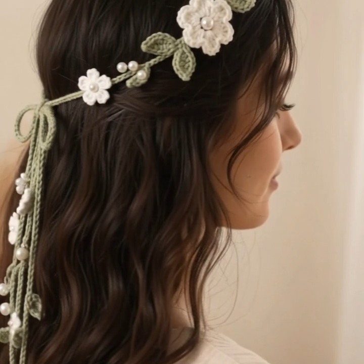 Crochet headband with white flowers and pearls on a woman's wavy brown hair