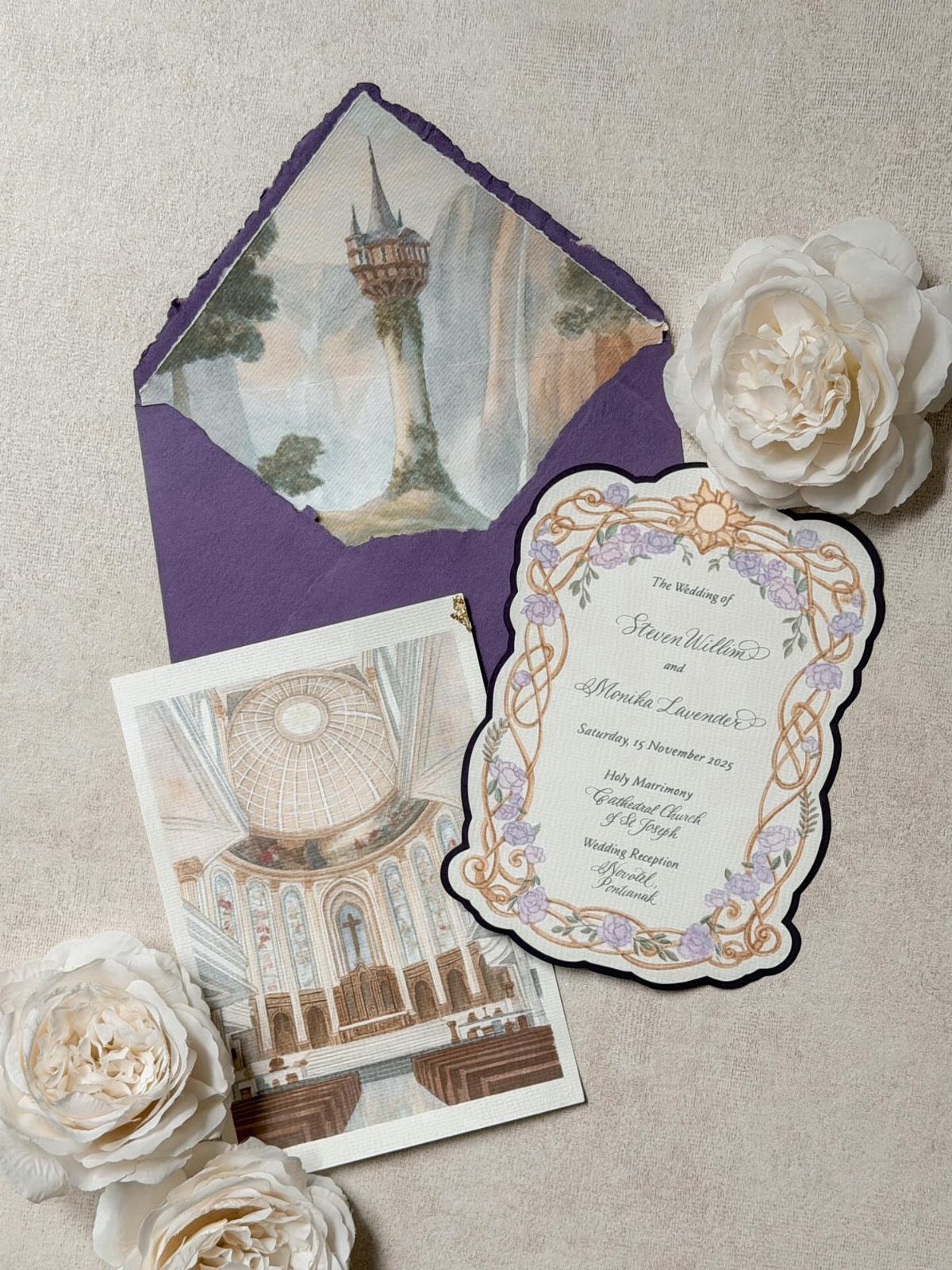 Disney themed wedding invitations with Rapunzel's tower and white roses on fabric.