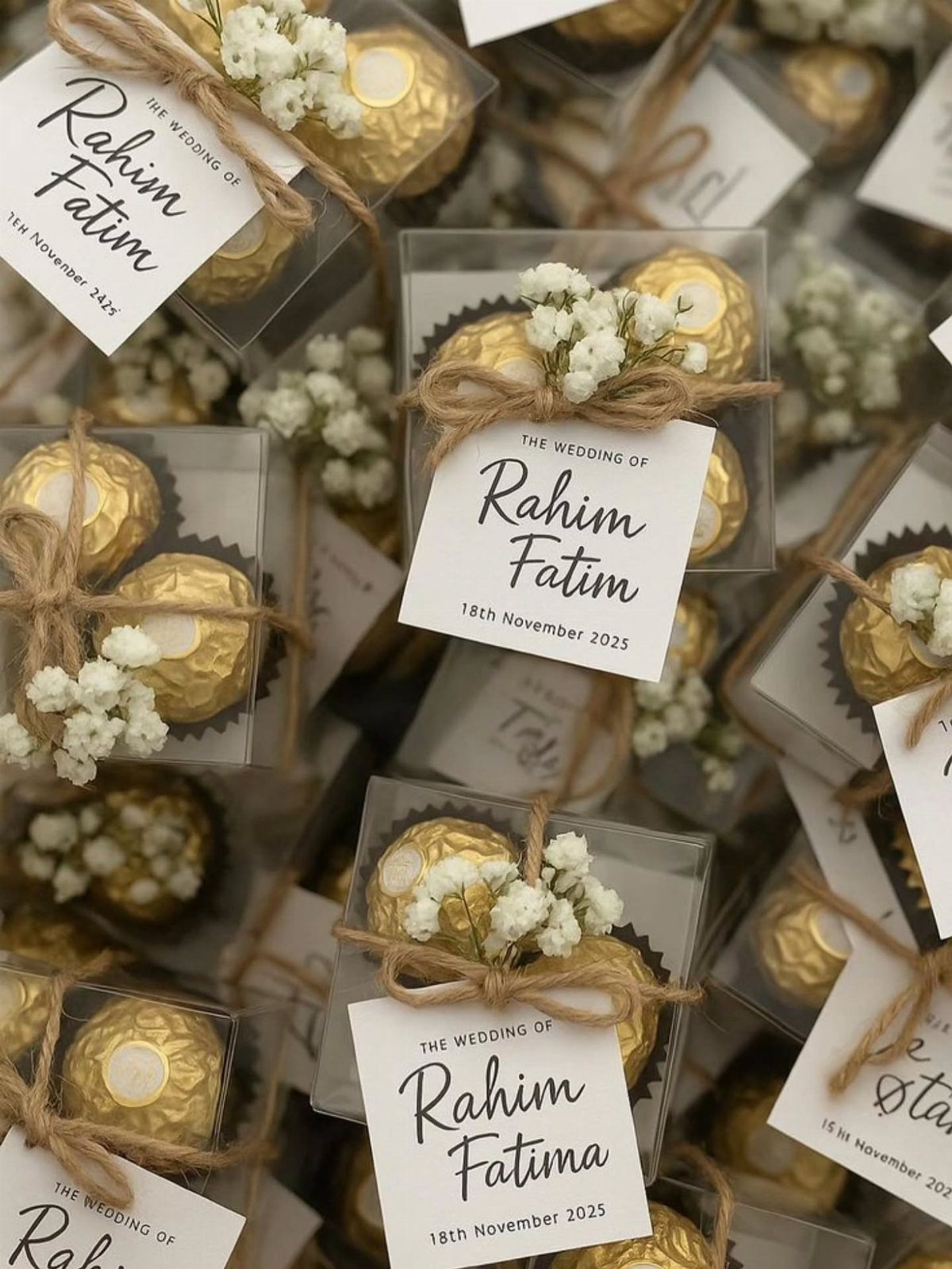 Gold wrapped chocolate truffles in clear boxes with twine and wedding tags.
