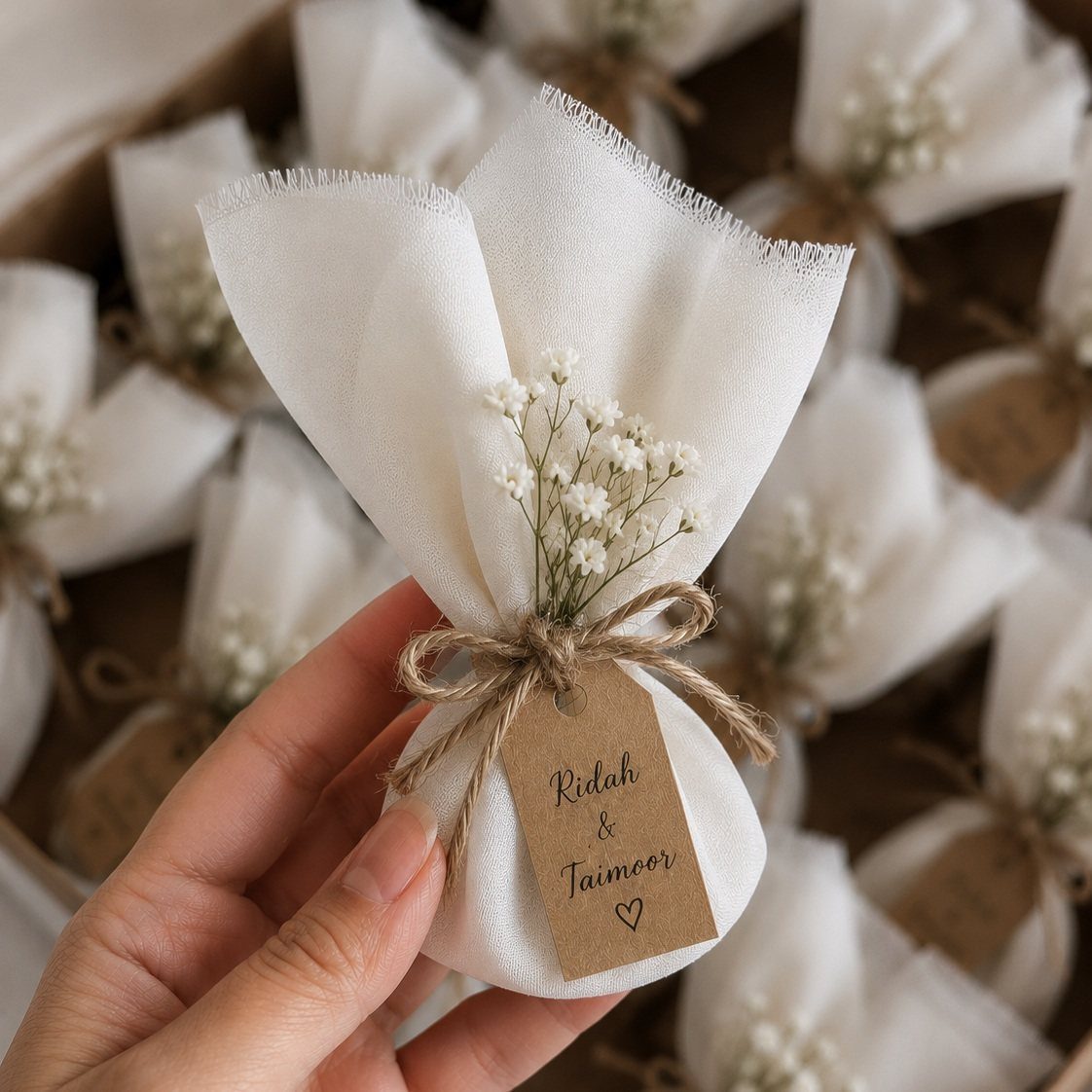 White fabric wedding favor pouch with a personalized kraft paper tag and baby's breath.