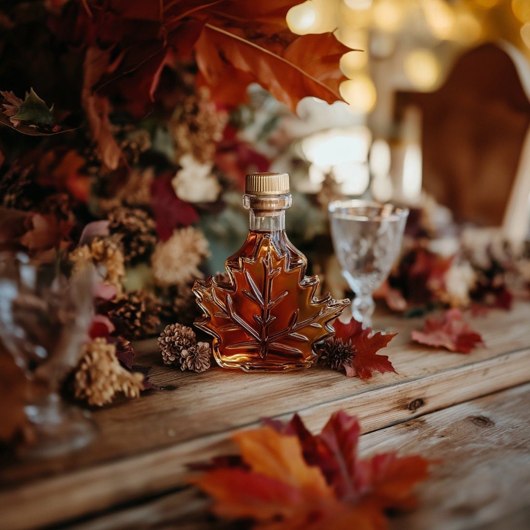 Maple leaf-shaped bottle of amber syrup on a rustic wooden table with autumn leaves.