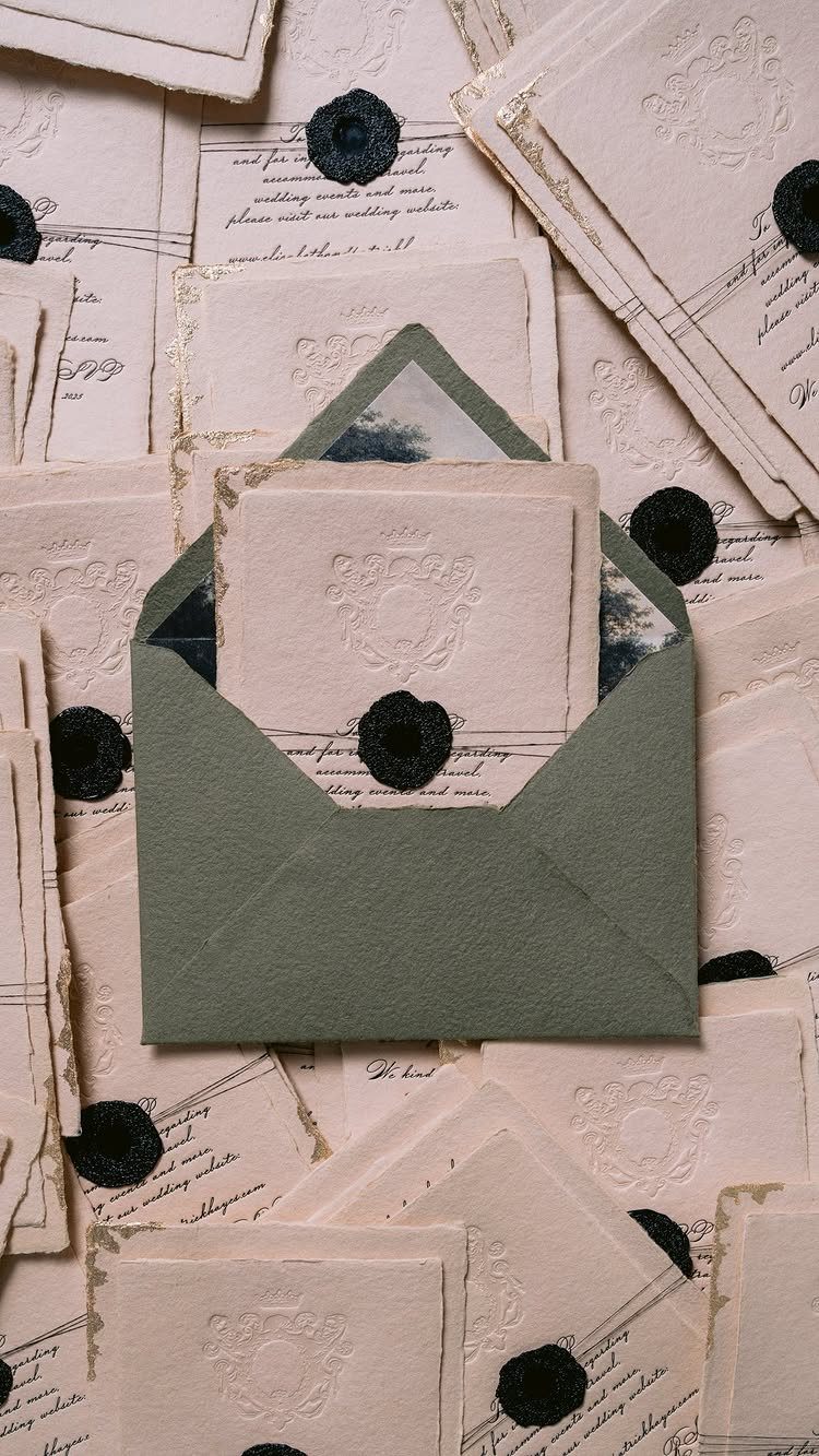 Cream wedding invitations with embossed crests and black wax seals around a green envelope