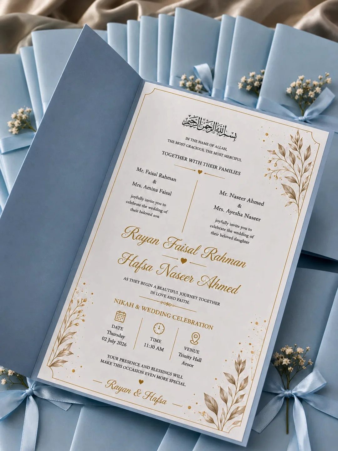 Light blue wedding invitation suite with gold calligraphy and small white flowers.