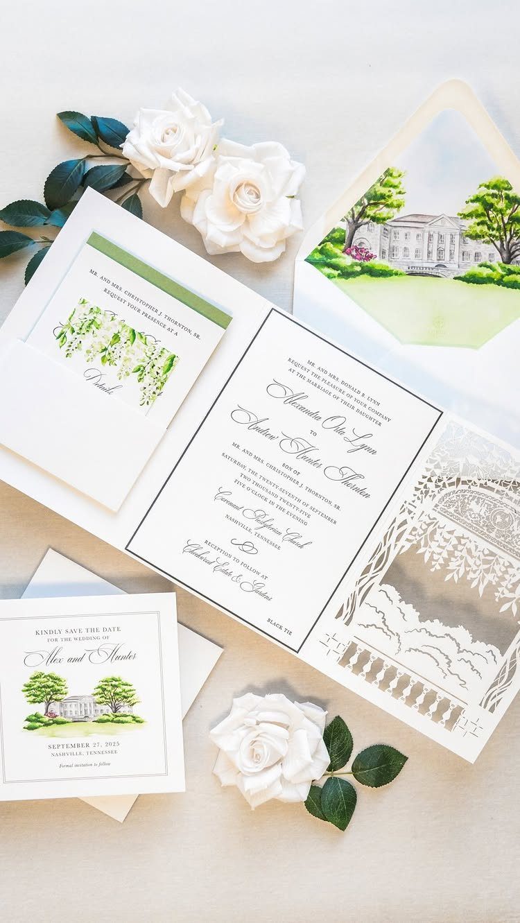 Formal white wedding invitation suite with a separate reception card and white roses.