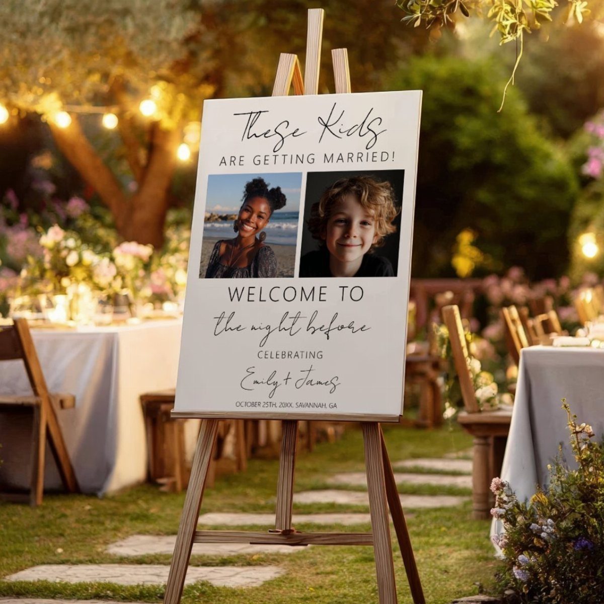 Welcome sign on wooden easel featuring childhood photos of a wedding couple.