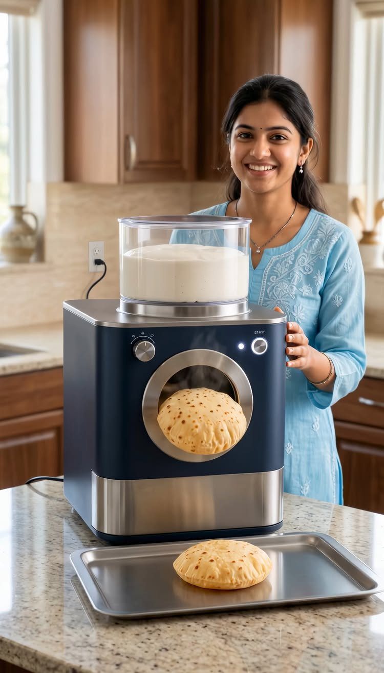 Indian woman standing behind an automatic roti maker in a modern home kitchen
