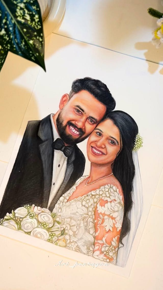 Hand-drawn portrait of a wedding couple in formal attire on white paper.