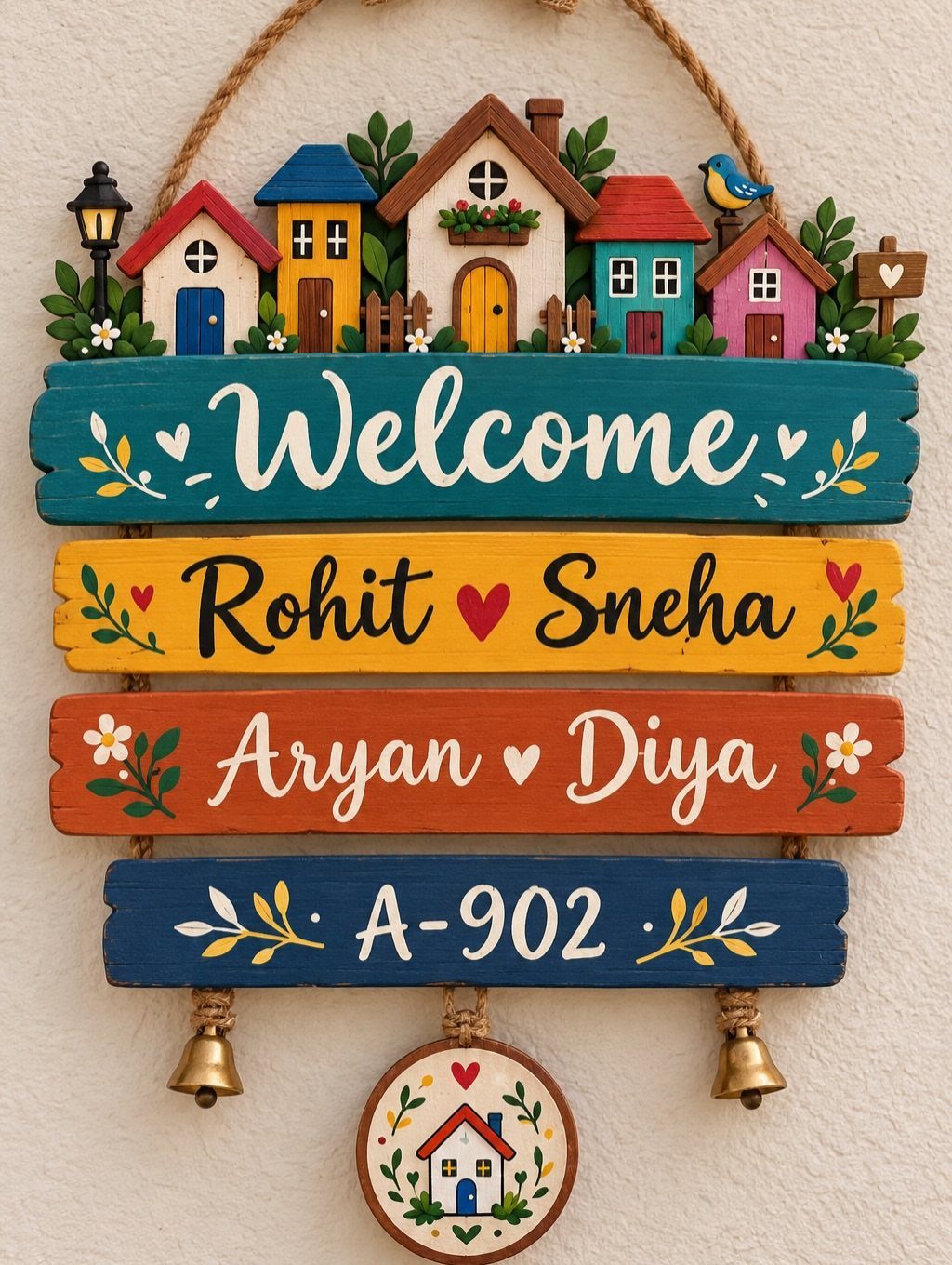 Colorful wooden personalized nameplate with painted houses, names, and small brass bells.