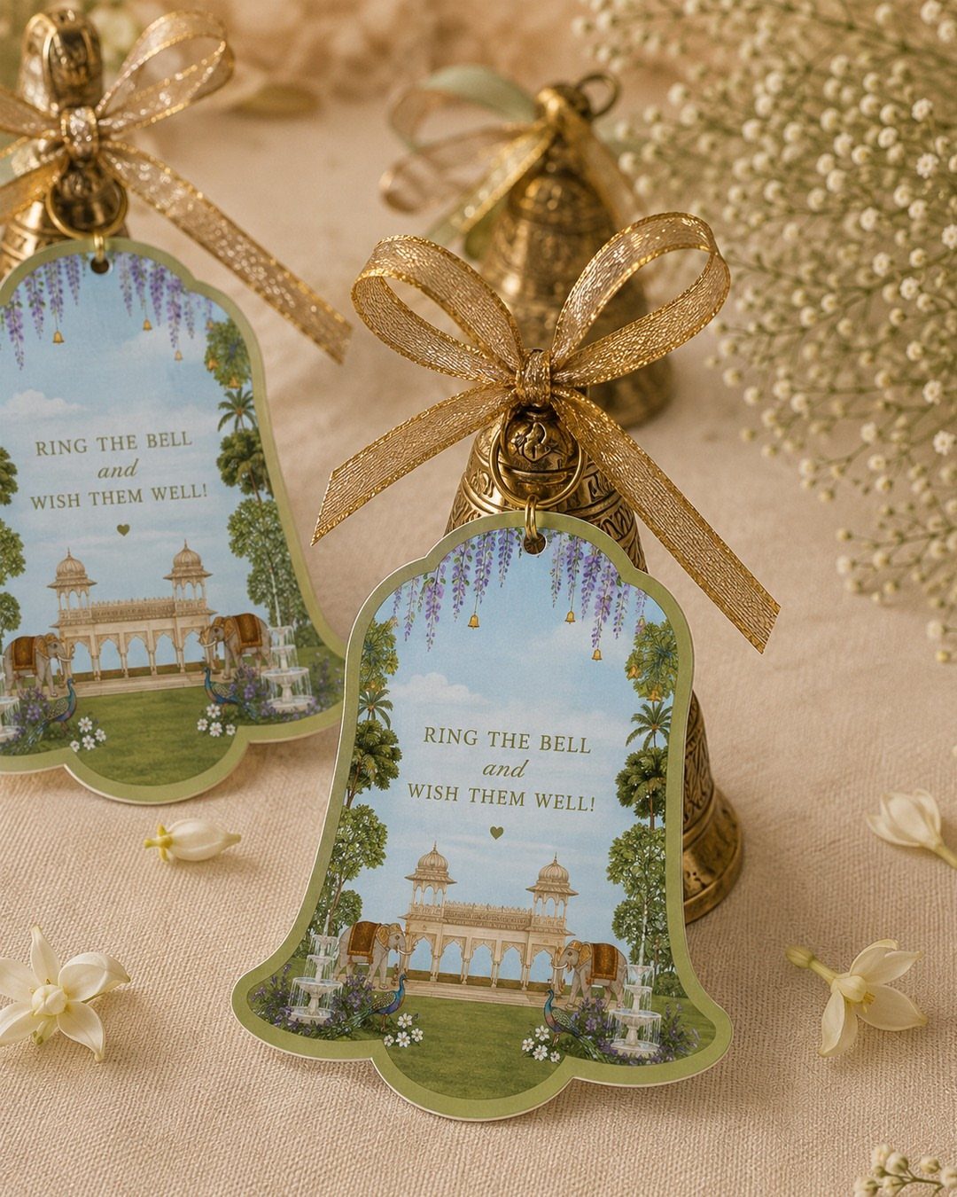 Bell-shaped invitation tags with palace illustrations and gold ribbons among white flowers.
