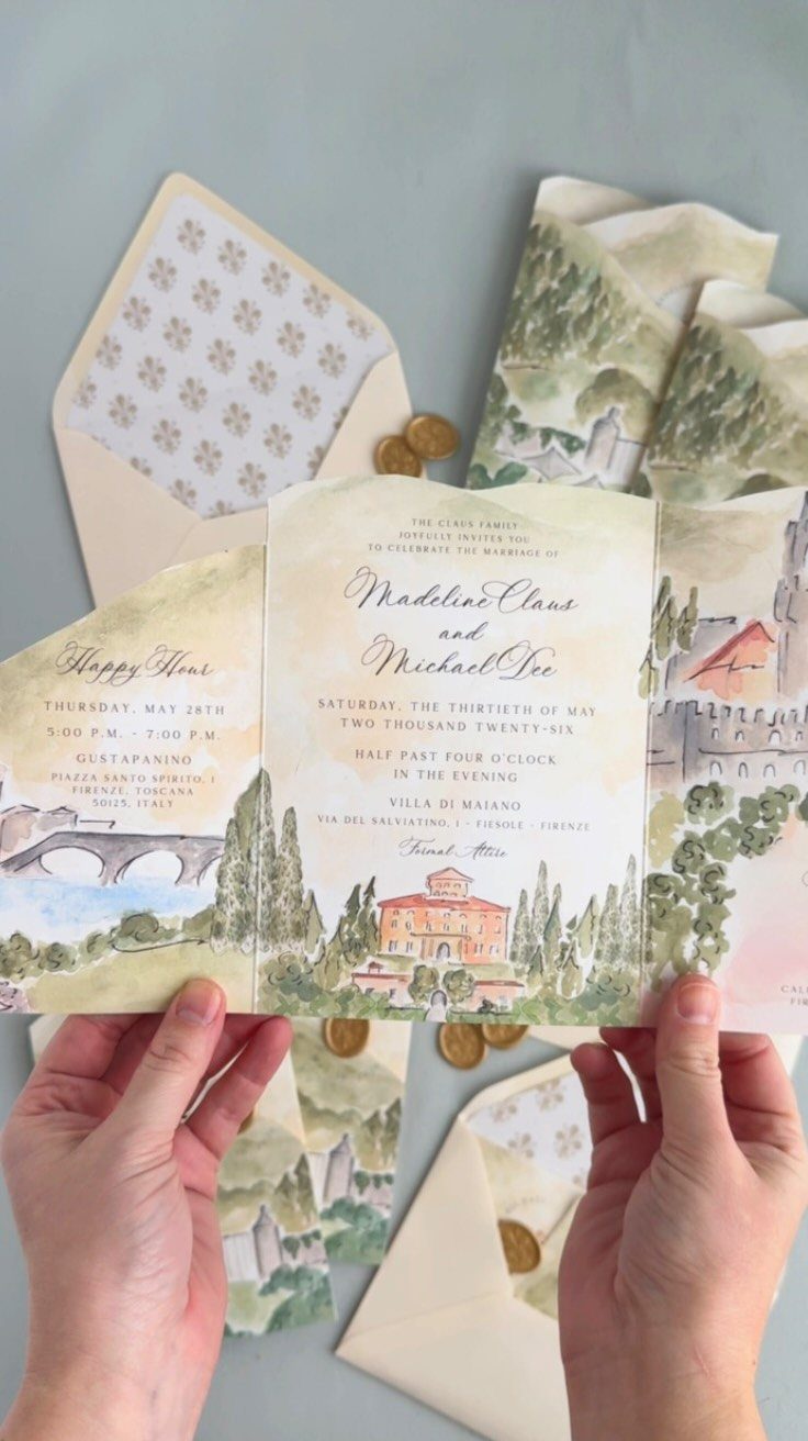 Wedding invitation featuring a hand-painted watercolor illustration of an Italian villa venue.