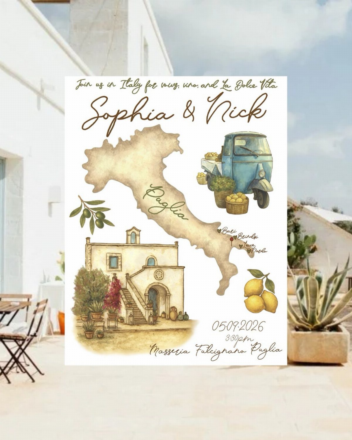 Wedding invitation with Italian map, blue scooter, lemons, and rustic stone architecture.
