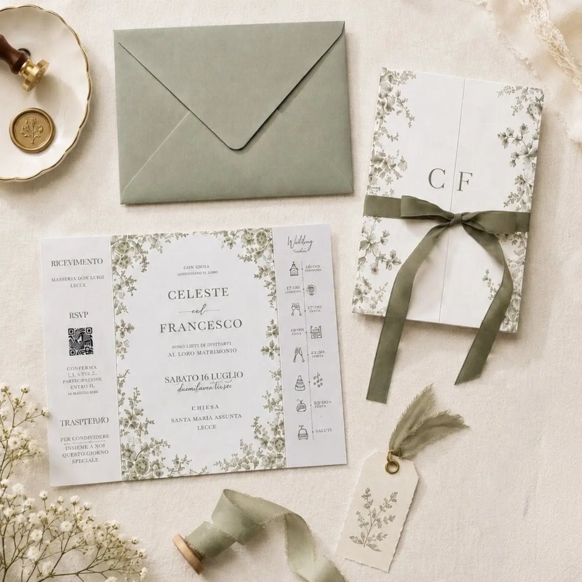 Wedding invitation suite with olive branch borders, sage green envelope, and ribbon tie.
