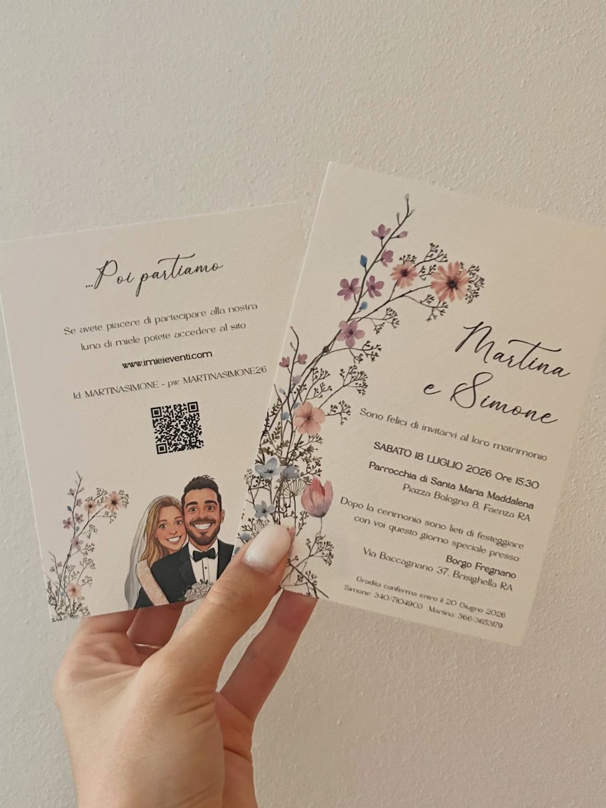 Two white Italian wedding invitation cards with floral illustrations and a couple's caricature.