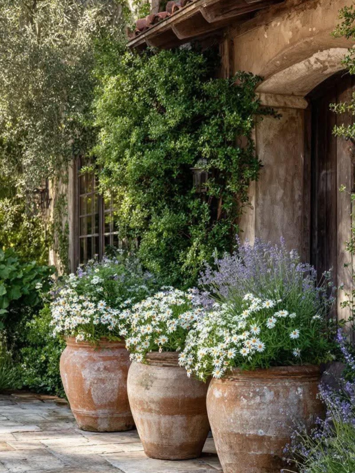 Three terracotta urns with white and purple flowers on a stone patio.