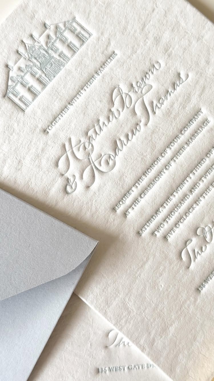 White textured letterpress wedding invitation with embossed script and a grey envelope.