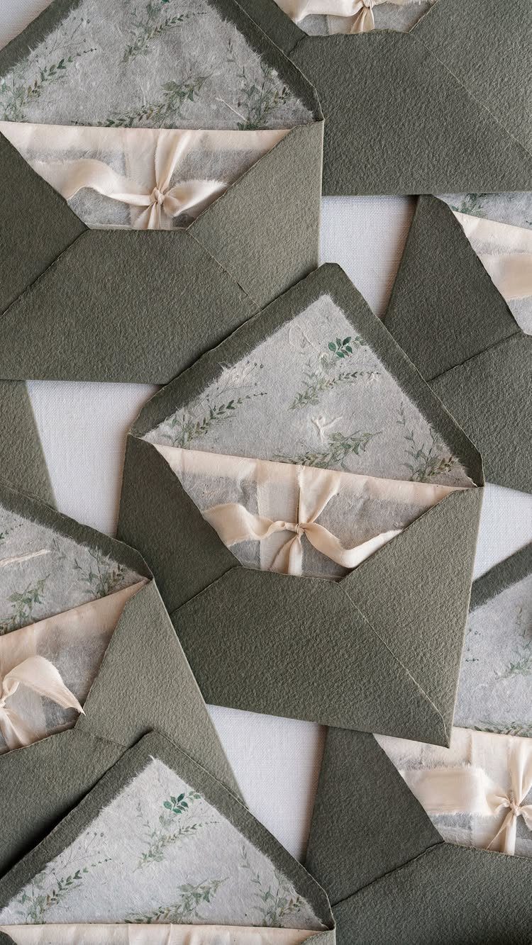 Olive green envelopes containing translucent vellum invitations with botanical prints and cream ribbons.