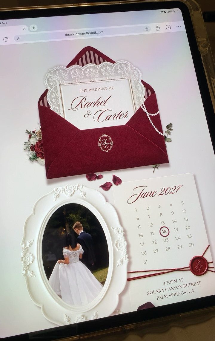 Tablet screen showing a wedding website with burgundy invitations and a June calendar.