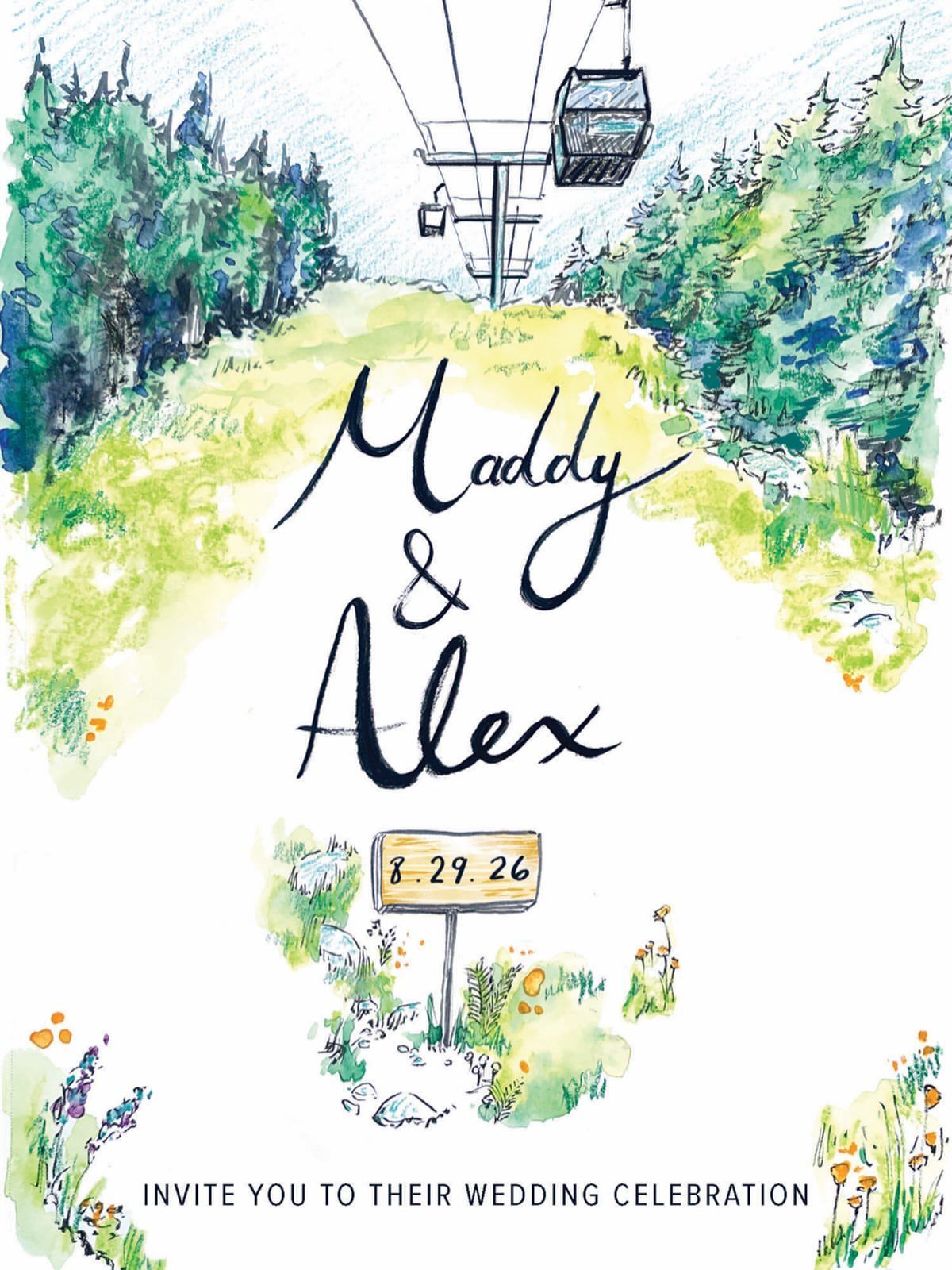 Watercolor wedding invitation with mountain scenery, ski lift, and casual wedding celebration wording.
