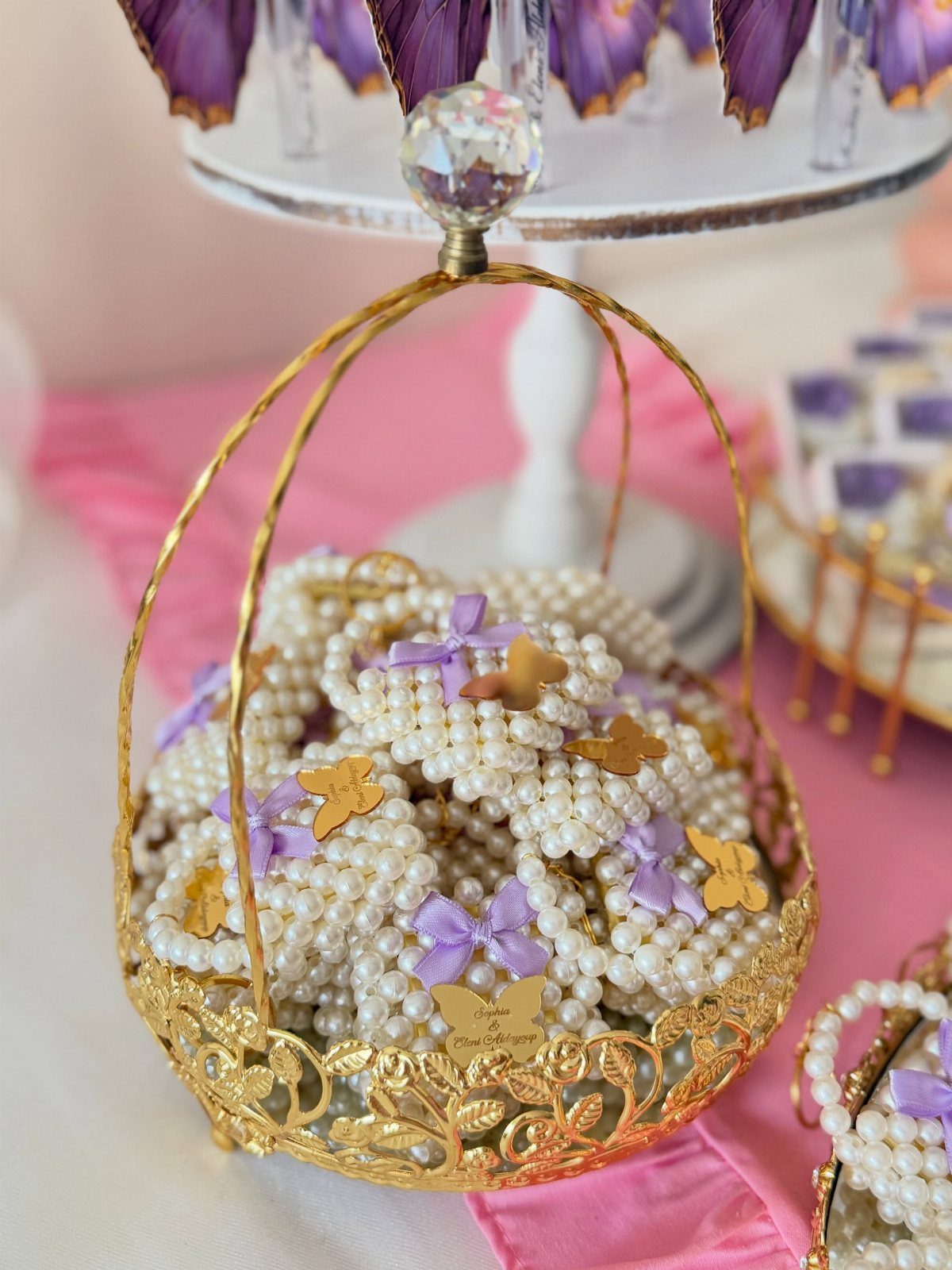 Gold filigree basket filled with pearl-beaded circular ornaments with butterfly accents