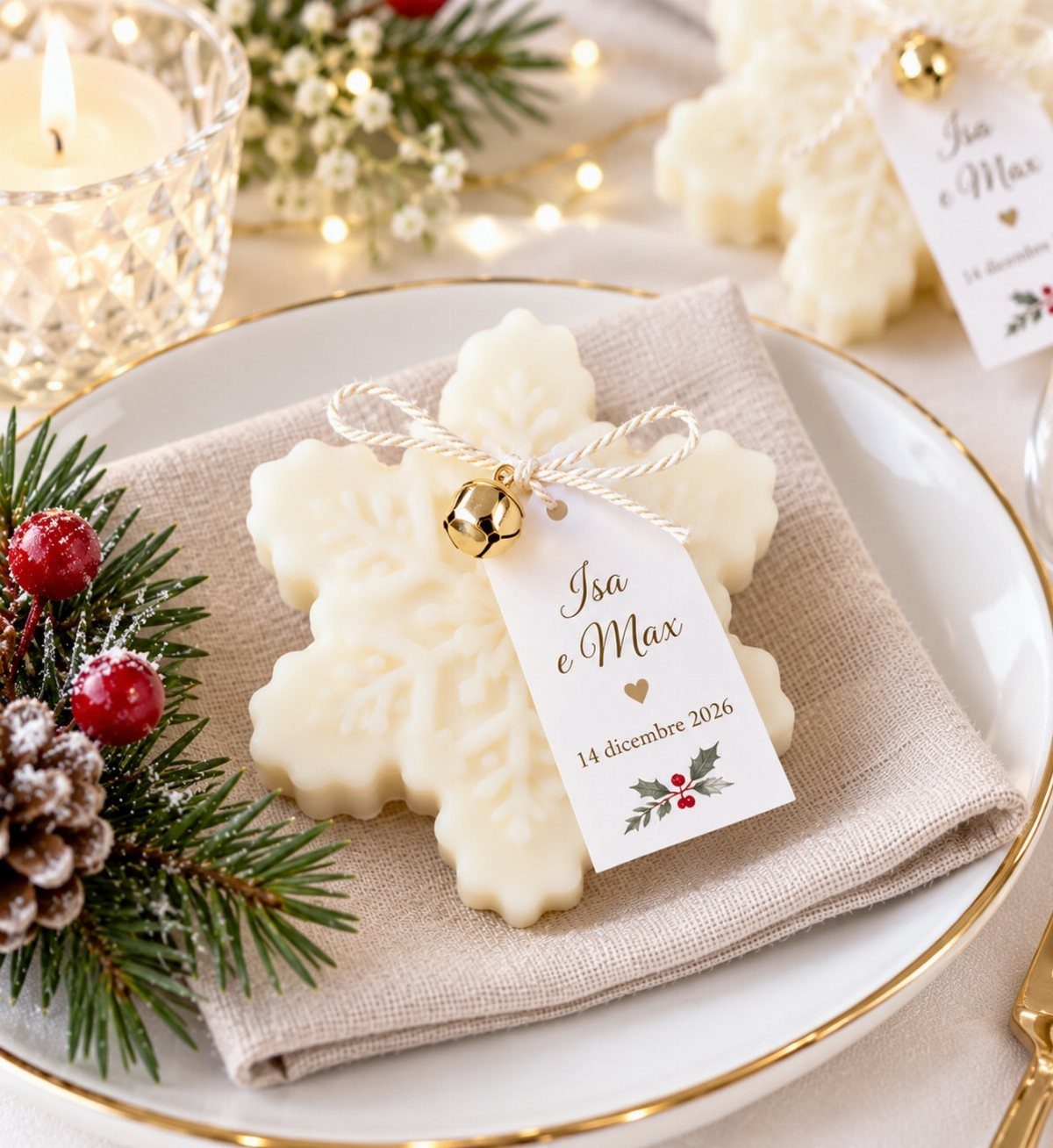 White snowflake wax ornament with gold bell and personalized wedding date tag