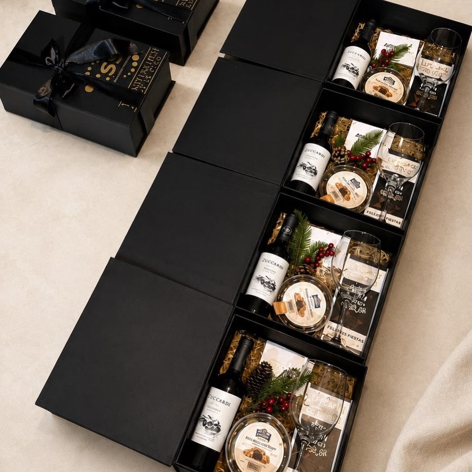 Black wine gift boxes containing wine bottles, glasses, and gourmet treats on fabric.