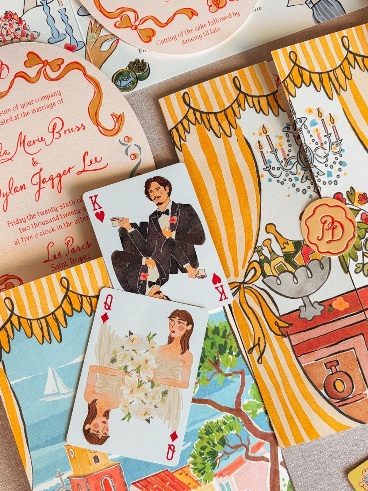 Illustrated retro wedding invitations and custom playing cards with colorful vintage drawings.