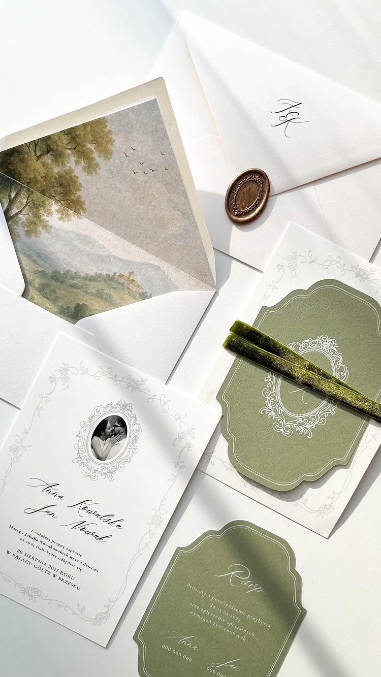 Wedding invitation suite with sage green cards, ornate borders, and a wax seal.