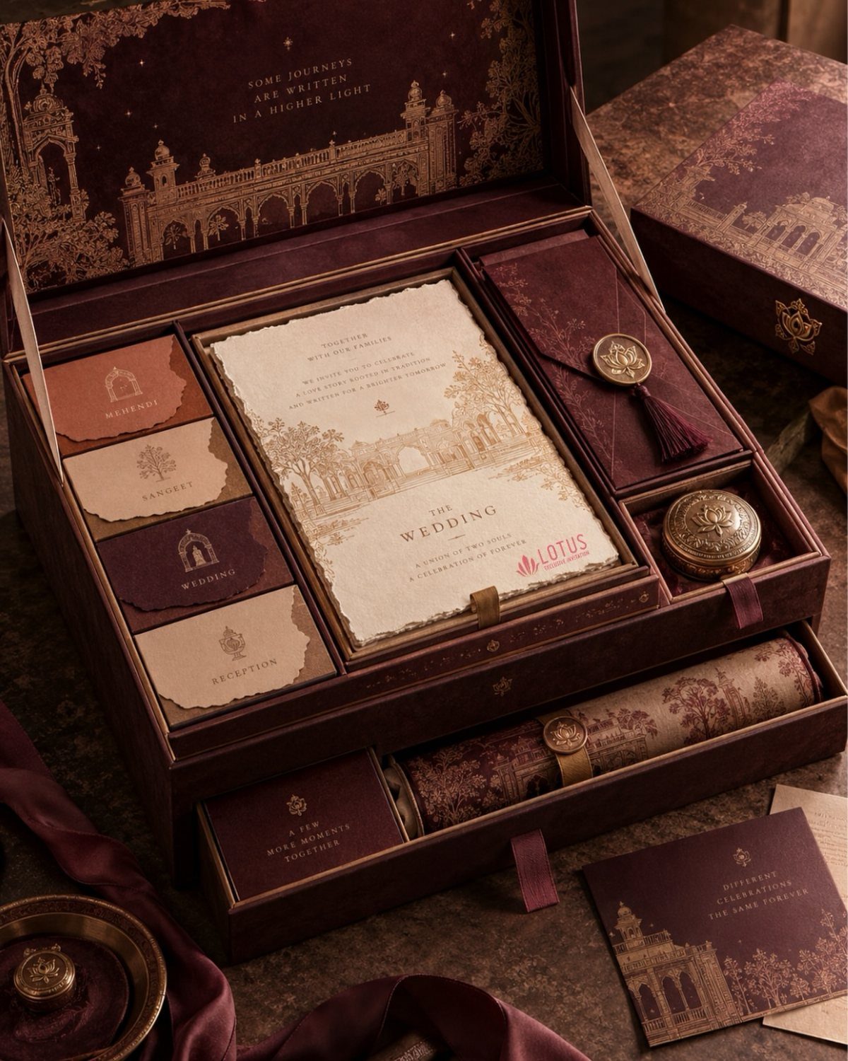 Luxurious burgundy wedding invitation suite with gold details and wax seals in a box