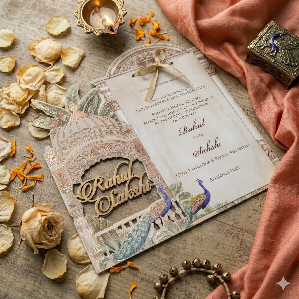 Ornate wedding invitation with peacock illustrations and laser-cut details on wooden background