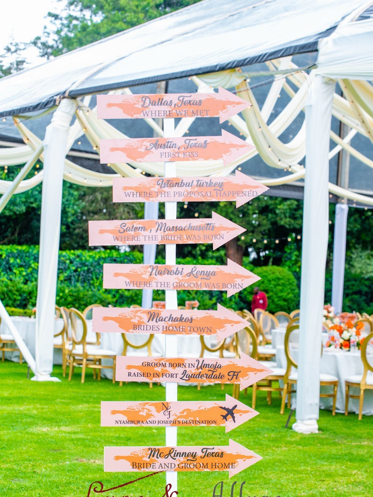Wooden post with pink arrow signs detailing couple's milestones under a white tent.