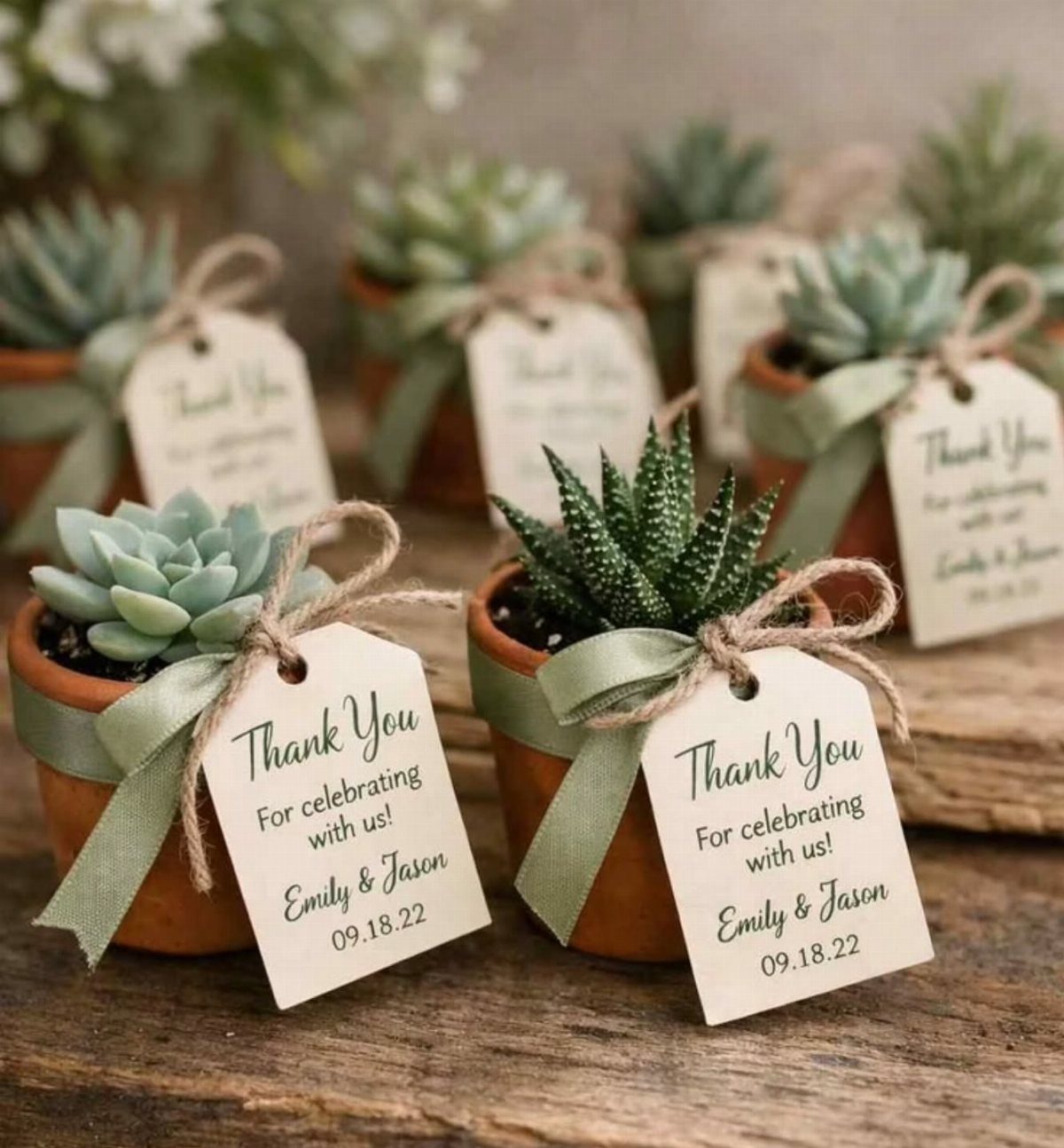 Mini potted succulents with green ribbons and personalized thank you tags on wood.
